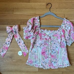Love Shack Fancy Silk Top- matching hair bow clip